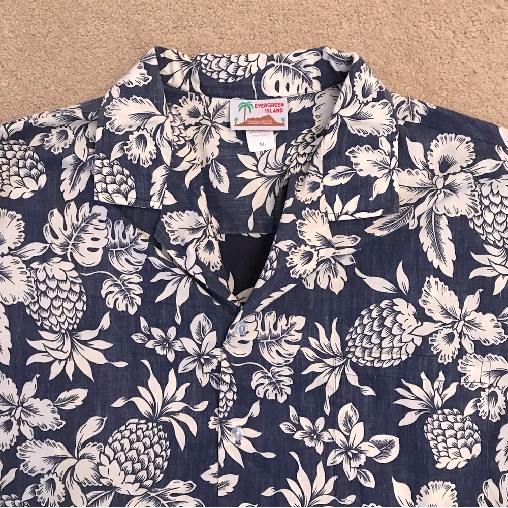 Evergreen Island Hawaiian Shirt Mens XL Blue White Pineapple Made In Hawaii Camp - Picture 2 of 9